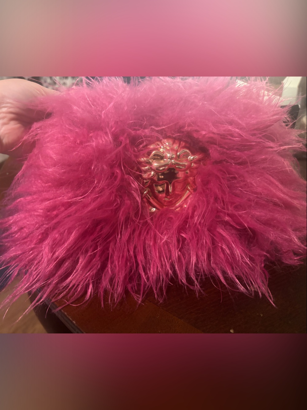 Fuchsia luxury Faux Fur Clutch with Gold Medallion Accent